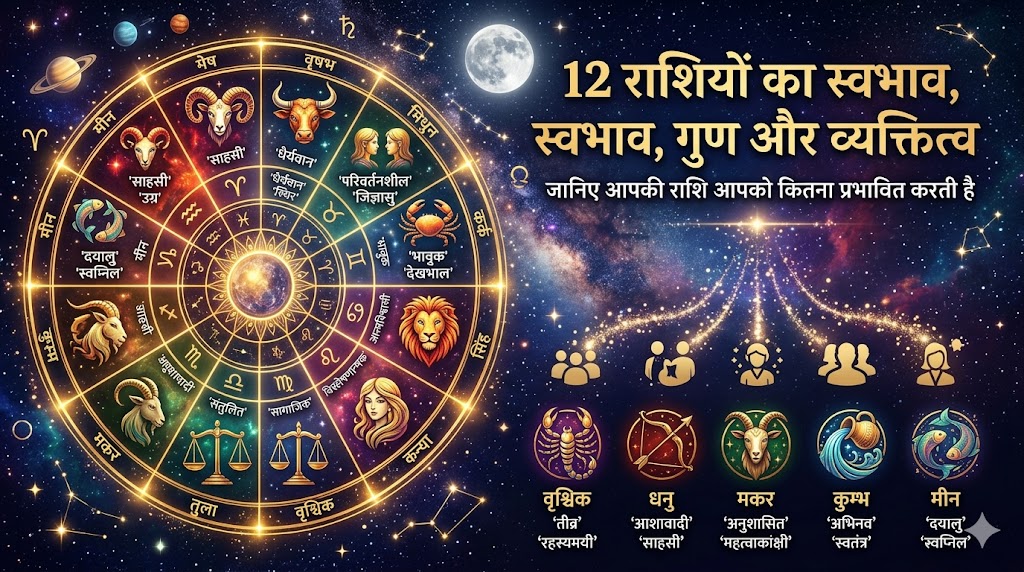 12 राशियों का स्वभाव, गुण और व्यक्तित्व दर्शाने वाला ज्योतिषीय इन्फोग्राफिक चक्र