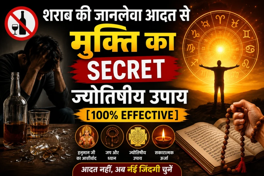 शराब की जानलेवा आदत से मुक्ति का Secret ज्योतिषीय उपाय दिखाता हुआ featured image जिसमें शराब छोड़ने की प्रेरणा, ज्योतिषीय ऊर्जा और सकारात्मक जीवन की शुरुआत दिखाई गई है