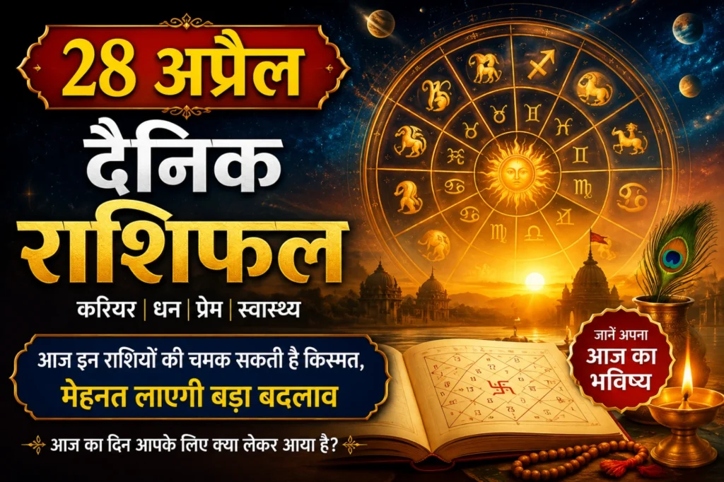 28 अप्रैल दैनिक राशिफल featured image जिसमें चमकता हुआ zodiac wheel, सूर्य देव, कुंडली, ग्रह-नक्षत्र और करियर, धन, प्रेम व स्वास्थ्य से जुड़े ज्योतिषीय संकेत दिखाए गए हैं।
