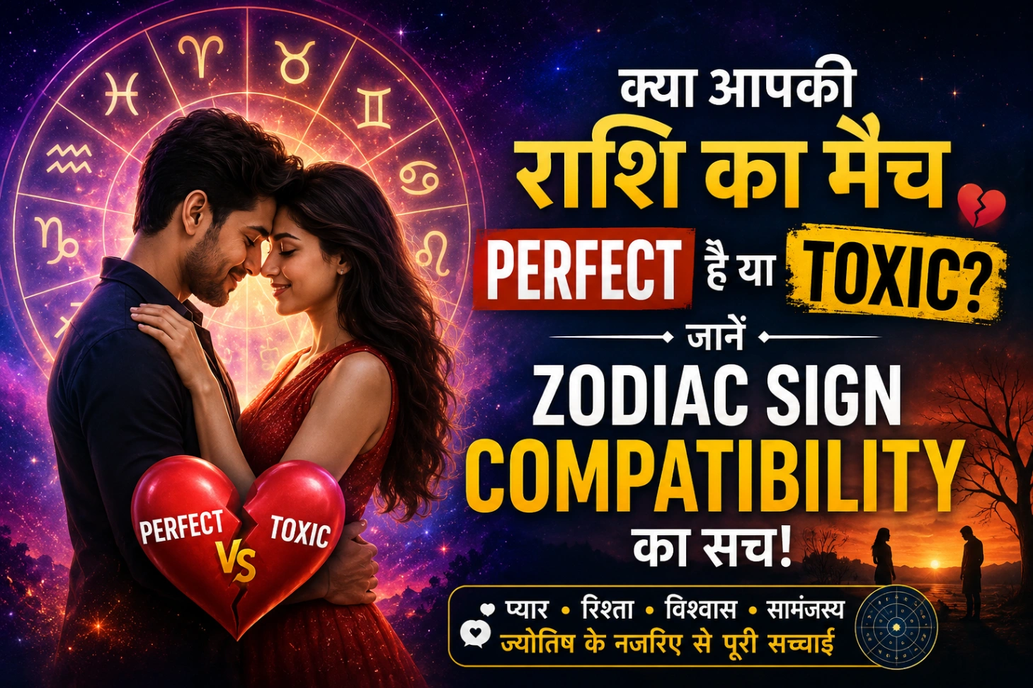 क्या आपकी राशि का मैच Perfect है या Toxic? Zodiac Sign Compatibility को दिखाता हुआ रोमांटिक कपल, zodiac wheel, love astrology concept और relationship compatibility thumbnail image।