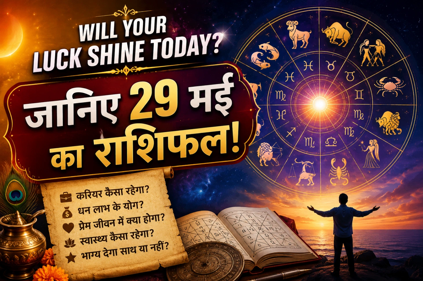 29 मई का राशिफल featured image जिसमें glowing zodiac wheel, astrology symbols, cosmic background, horoscope book और व्यक्ति भाग्य की ओर देखते हुए दिखाई दे रहा है, साथ में करियर, धन, प्रेम और स्वास्थ्य के संकेत।