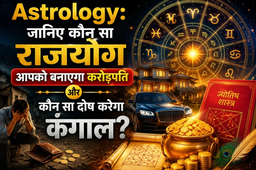 Astrology राजयोग और धन दोष featured image, करोड़पति बनाने वाले राजयोग और कंगाल करने वाले दोष का ज्योतिषीय रहस्य, luxury house, gold coins, zodiac wheel, rich vs poor astrology concept
