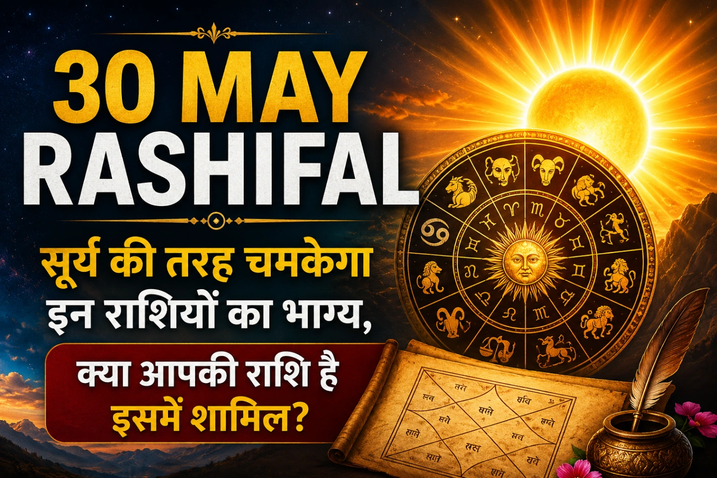 30 May Rashifal featured image, सूर्य की तरह चमकेगा इन राशियों का भाग्य, zodiac wheel, glowing sun, astrology background, horoscope prediction, lucky zodiac signs, premium astrology thumbnail design