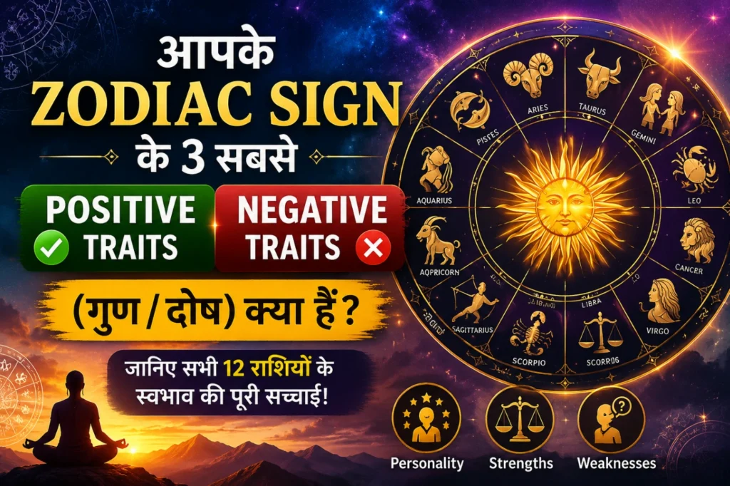 Zodiac Sign traits featured image, positive and negative personality traits of all 12 zodiac signs, astrology wheel, glowing sun, cosmic background, premium horoscope thumbnail, राशियों के गुण और दोष astrology design