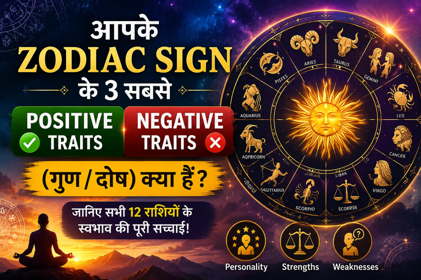 Zodiac Sign traits featured image, positive and negative personality traits of all 12 zodiac signs, astrology wheel, glowing sun, cosmic background, premium horoscope thumbnail, राशियों के गुण और दोष astrology design