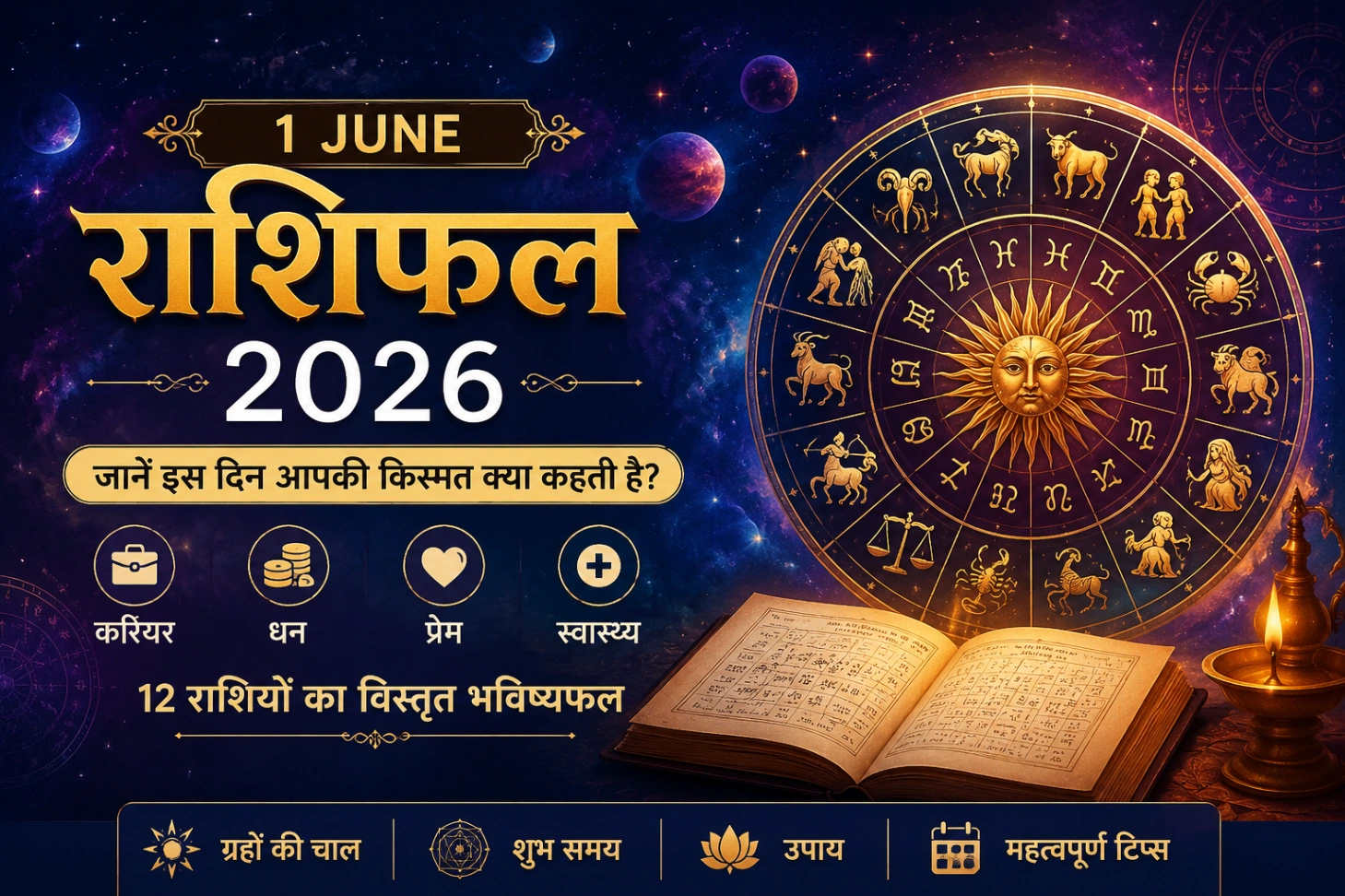 1 June Rashifal 2026 featured image with zodiac wheel, astrology chart, horoscope predictions for all 12 zodiac signs, career, money, love and health forecast in Hindi