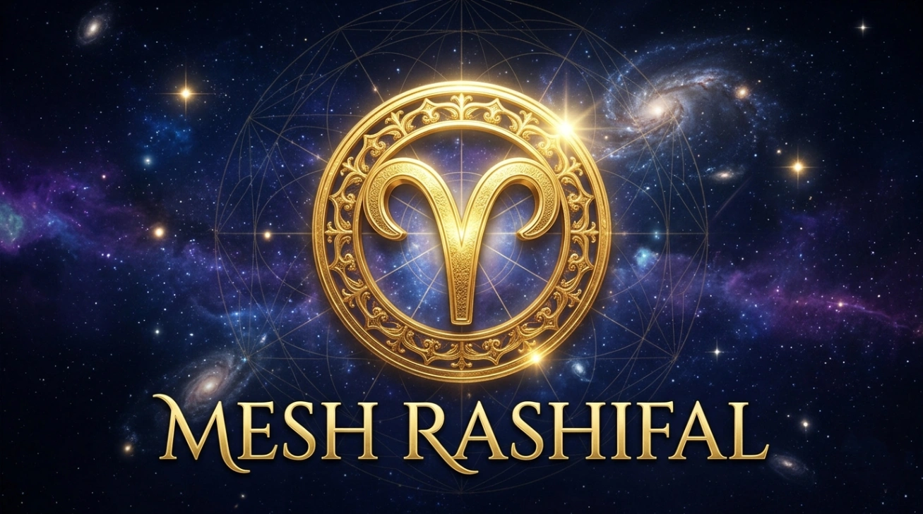 मेष साप्ताहिक राशिफल (Mesh Rashifal) के लिए सुनहरे अक्षरों में लिखा हुआ कॉस्मिक थीम आधारित प्रीमियम ब्लॉग थंबनेल