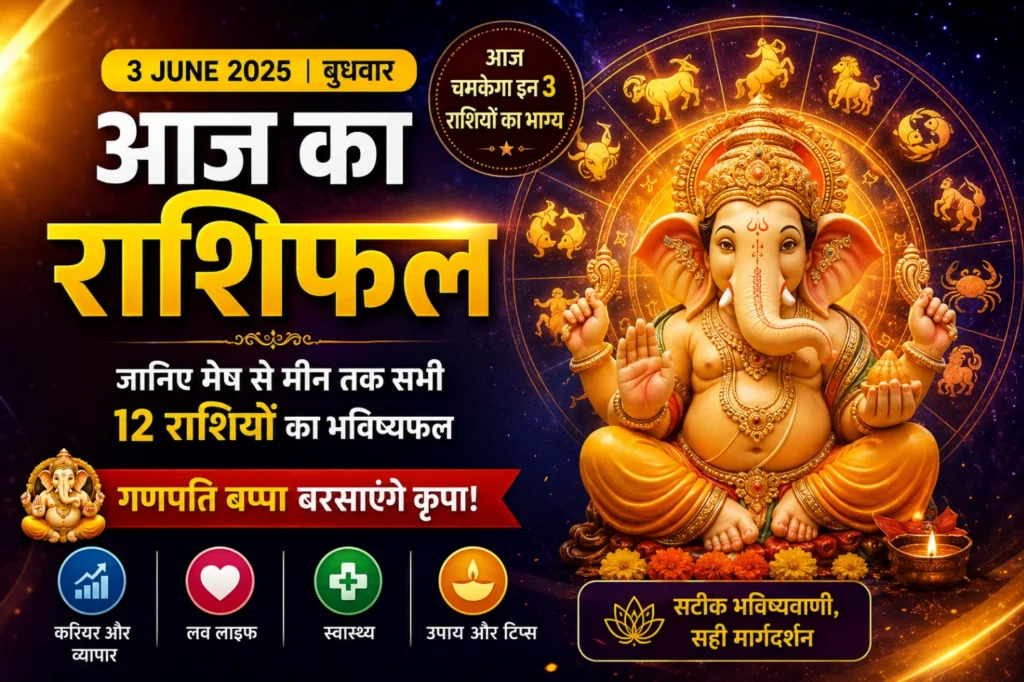 3 June ka Rashifal 2025 featured image with Lord Ganesha, zodiac wheel, daily horoscope predictions for all 12 zodiac signs, astrology guidance, career, love, health and wealth forecast in Hindi