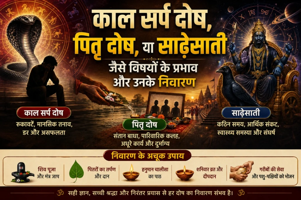 काल सर्प दोष, पितृ दोष और शनि साढ़ेसाती के प्रभाव, लक्षण और निवारण उपाय दर्शाती ज्योतिषीय featured image, भगवान शनि, नाग, पितृ तर्पण और वैदिक समाधान