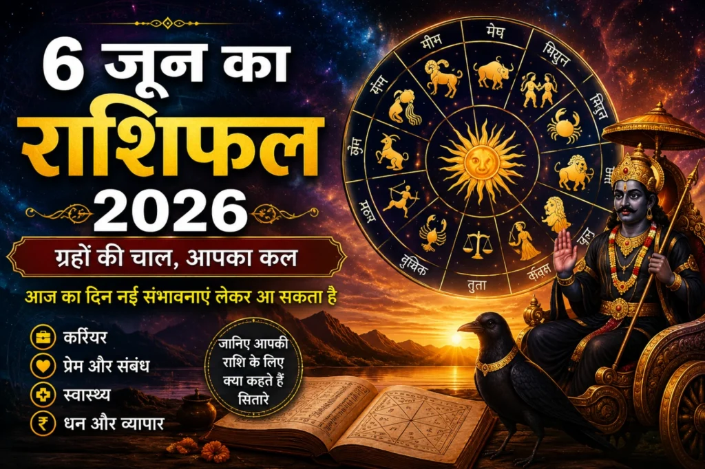 6 जून का राशिफल 2026 की प्रीमियम ज्योतिषीय छवि, सुनहरा राशि चक्र, शनि देव, ग्रहों की चाल, करियर, प्रेम, स्वास्थ्य और धन संबंधी भविष्यफल दर्शाती हुई।