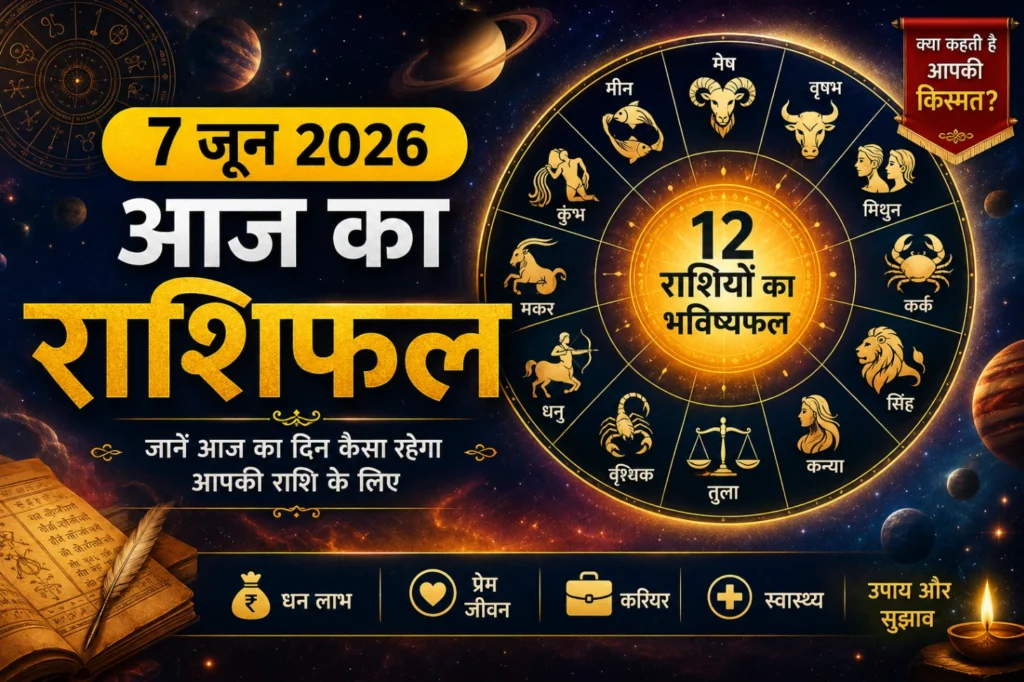 7 जून का राशिफल 2026 की प्रीमियम ज्योतिषीय छवि, सुनहरा राशि चक्र, ब्रह्मांडीय ऊर्जा, ग्रह-नक्षत्र, धन, करियर, प्रेम और स्वास्थ्य भविष्यफल।