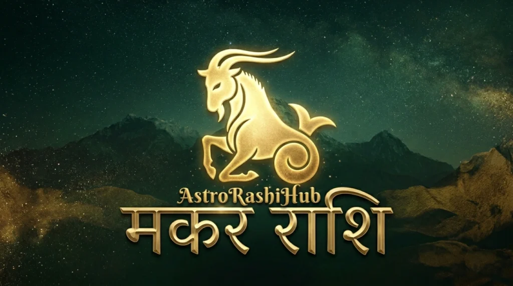 ​"एक प्रीमियम सुनहरी मकर राशि (Makar Rashi) का प्रतीक एक गहरे हरे कॉस्मिक बैकग्राउंड और पहाड़ों के ऊपर चमक रहा है, जिसमें नीचे सुनहरे अक्षरों में 'मकर राशि' हिंदी में लिखा है।"