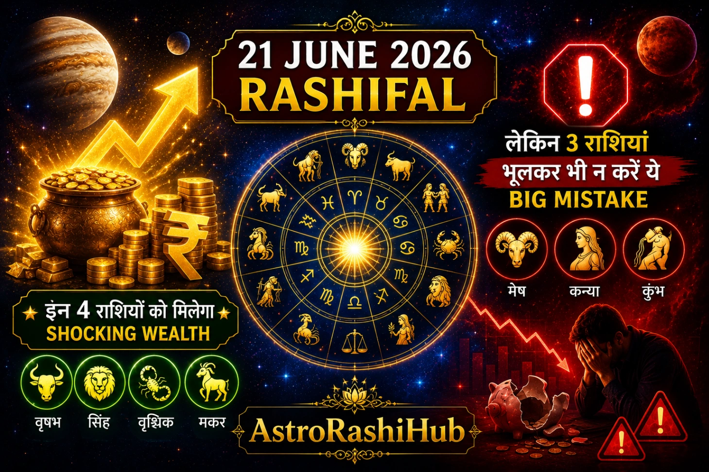 21 June 2026 Rashifal: 🌟 आज इन 4 राशियों को मिलेगा Shocking Wealth, लेकिन 3 राशियां भूलकर भी न करें ये Big Mistake 🛑