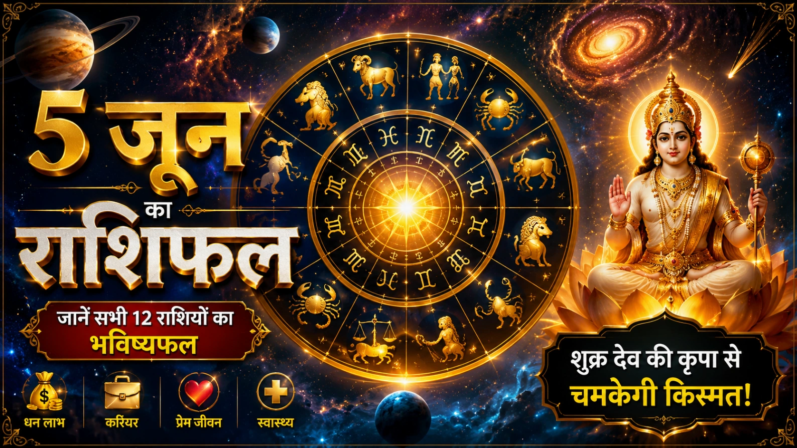 5 जून का राशिफल 2026 दर्शाती प्रीमियम ज्योतिषीय छवि, सुनहरा राशि चक्र, ब्रह्मांडीय पृष्ठभूमि, शुक्र देव की कृपा, धन, करियर, प्रेम और स्वास्थ्य भविष्यफल।