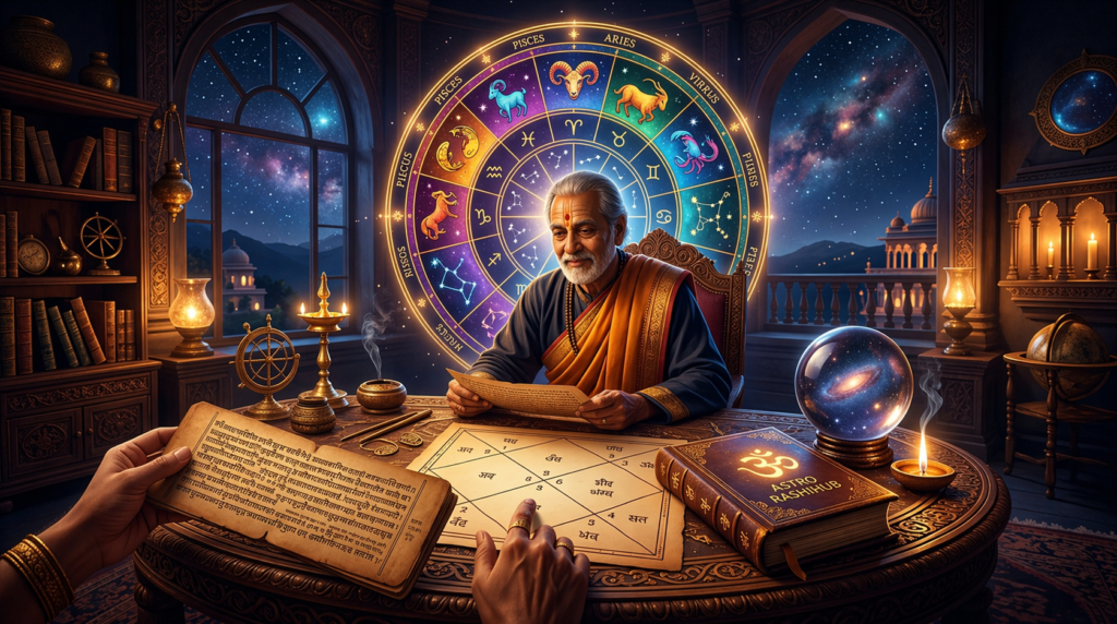 "AstroRashiHub - Ek prachin jyotishi kundli ka vishleshan karte hue, pichle janam ke karm aur rahu ketu ka prabhav"