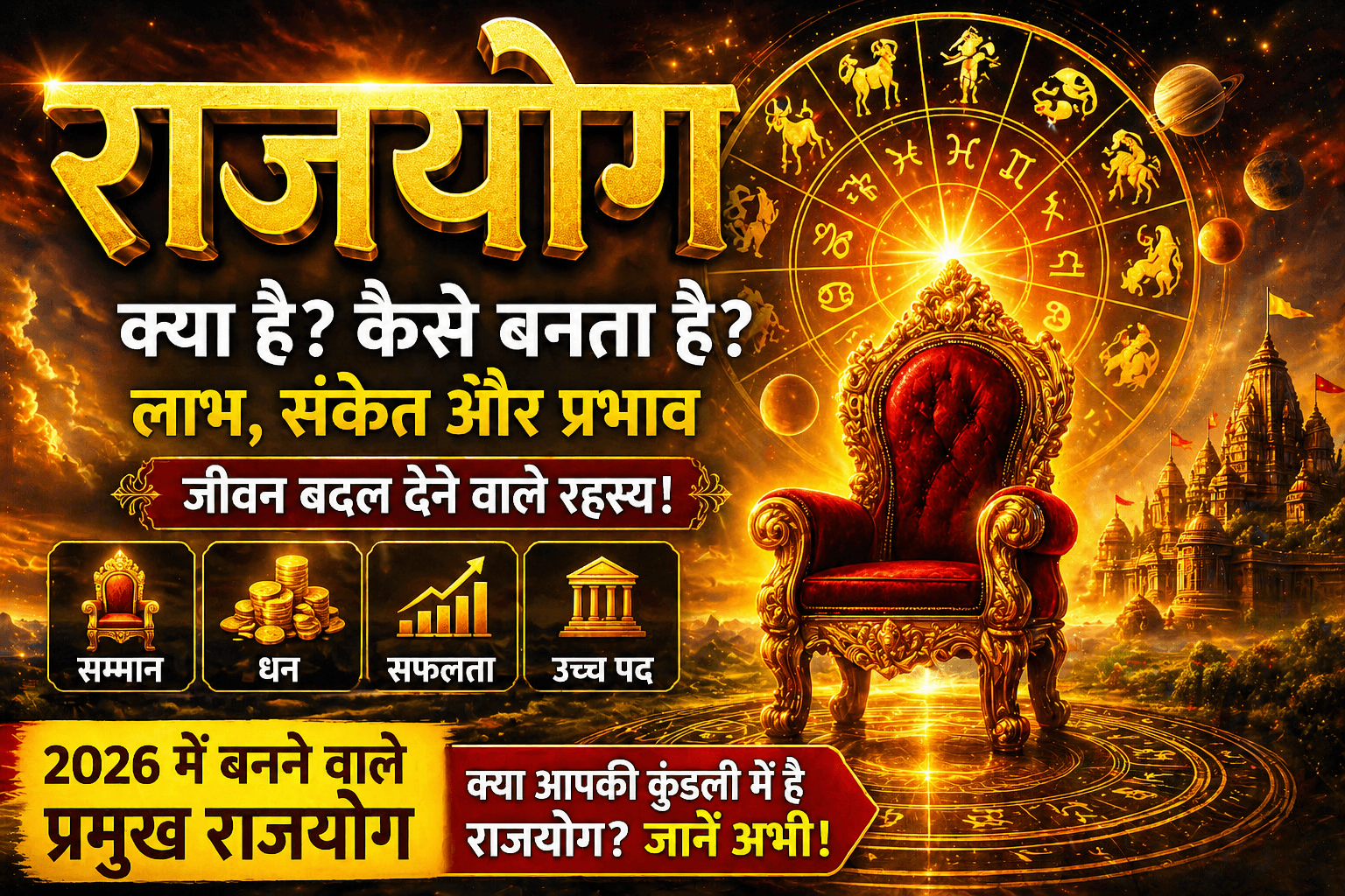 कुंडली में राजयोग के संकेत, धन और सम्मान प्राप्ति, सफलता देने वाले ज्योतिषीय योग