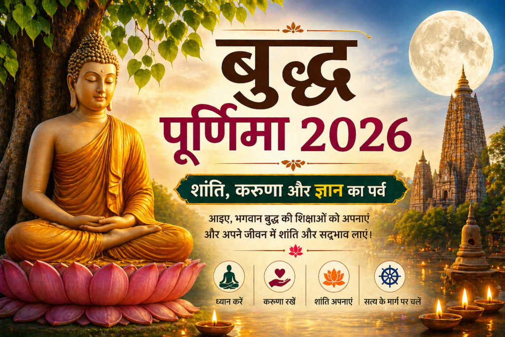 बुद्ध पूर्णिमा 2026, भगवान बुद्ध ध्यान मुद्रा में, शांति करुणा और ज्ञान का पावन पर्व