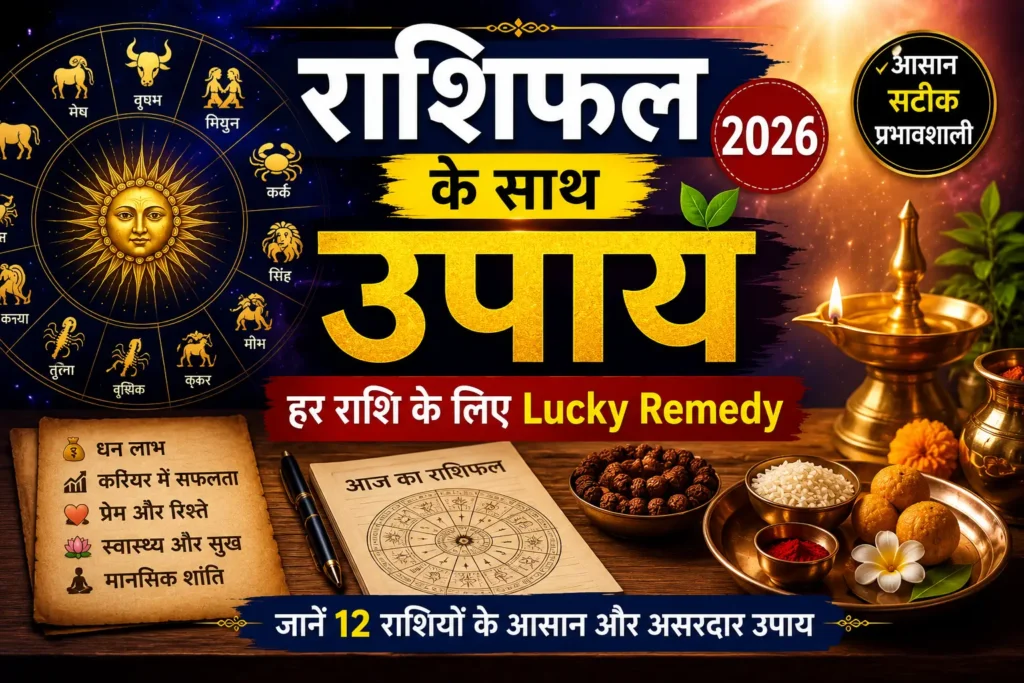 राशिफल के साथ उपाय 2026 featured image with lucky remedies, zodiac signs, astrology symbols and spiritual vastu theme