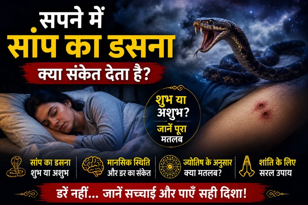 सपने में सांप का डसना featured image showing snake bite dream meaning, astrology signs and शुभ-अशुभ संकेत theme
