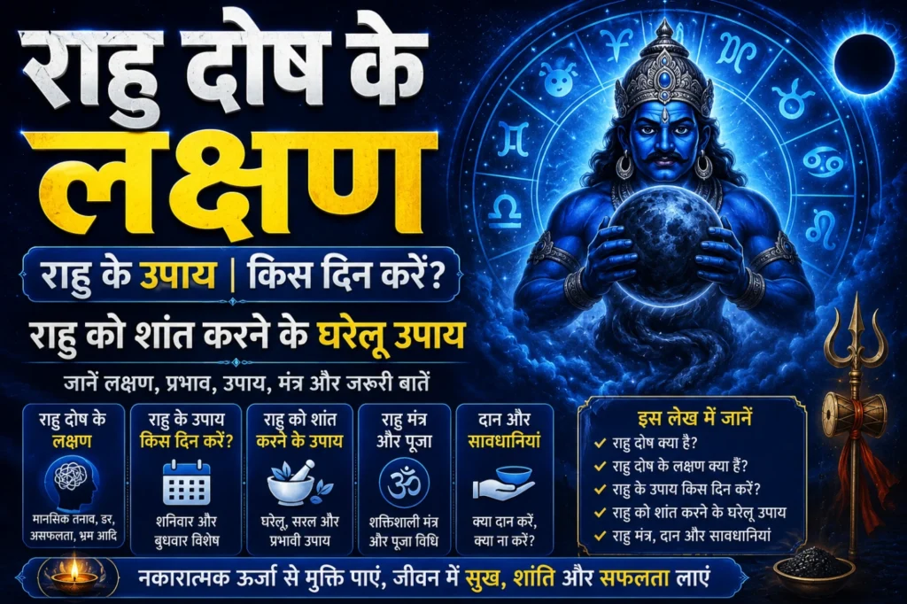 Rahu Dosh Ke Lakshan featured image with Rahu remedies, astrology signs, blue cosmic theme and Rahu shanti upay in Hindi