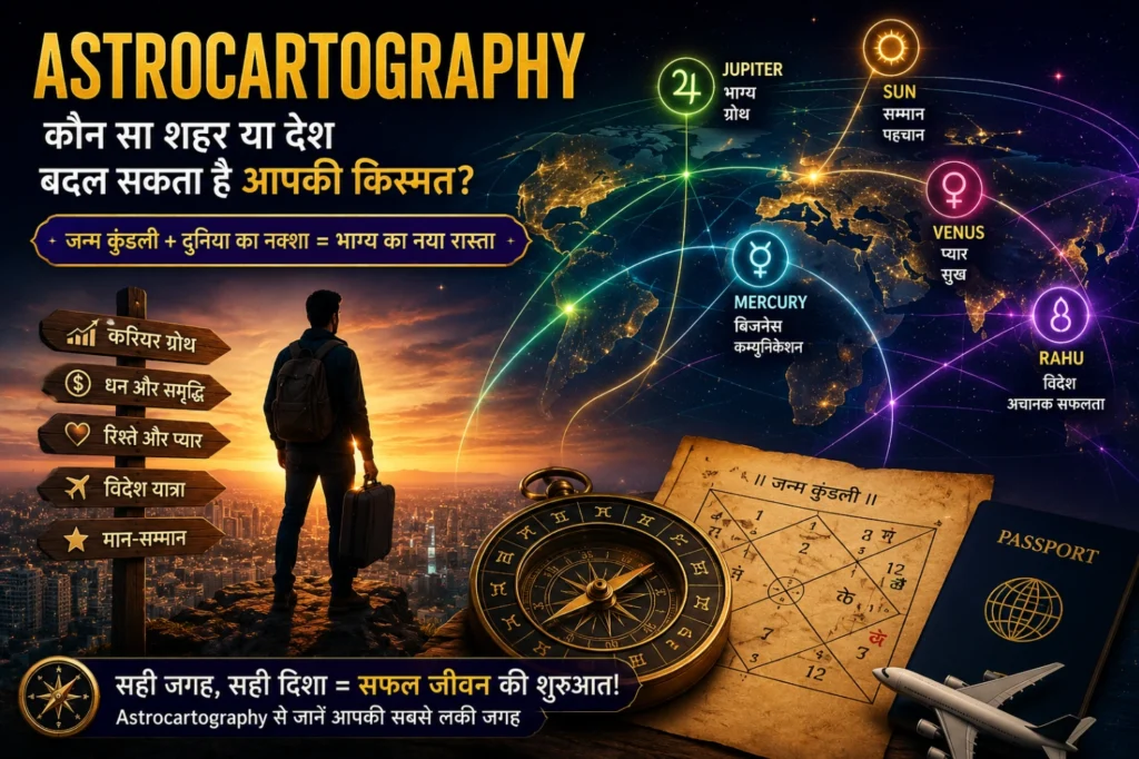 Astrocartography featured image with world map, zodiac planets, travel theme and astrology relocation concept for career and luck