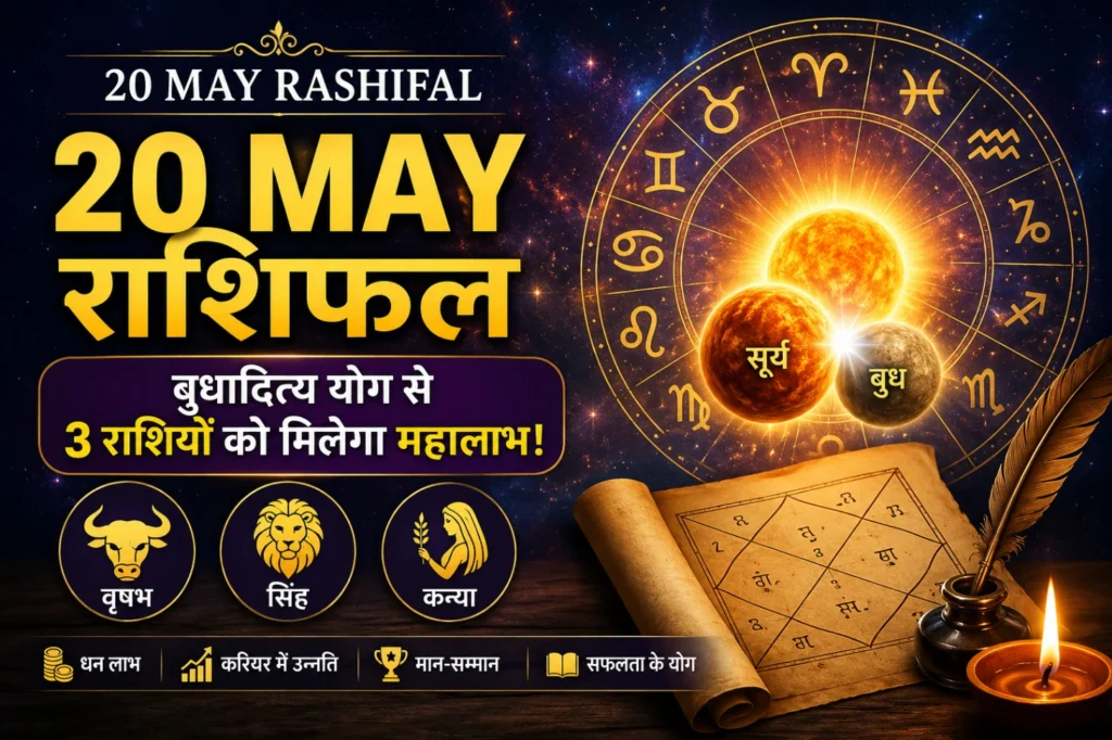 20 May Rashifal featured image showing बुधादित्य योग, zodiac wheel, Taurus Leo Virgo signs and astrology themed cosmic background with wealth and career success symbols
