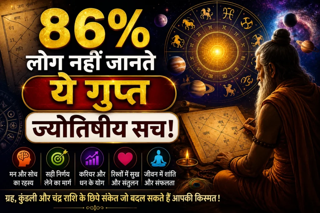गुप्त ज्योतिषीय सच featured image showing glowing zodiac wheel, planets, cosmic astrology background, mysterious spiritual energy and hidden astrology secrets theme