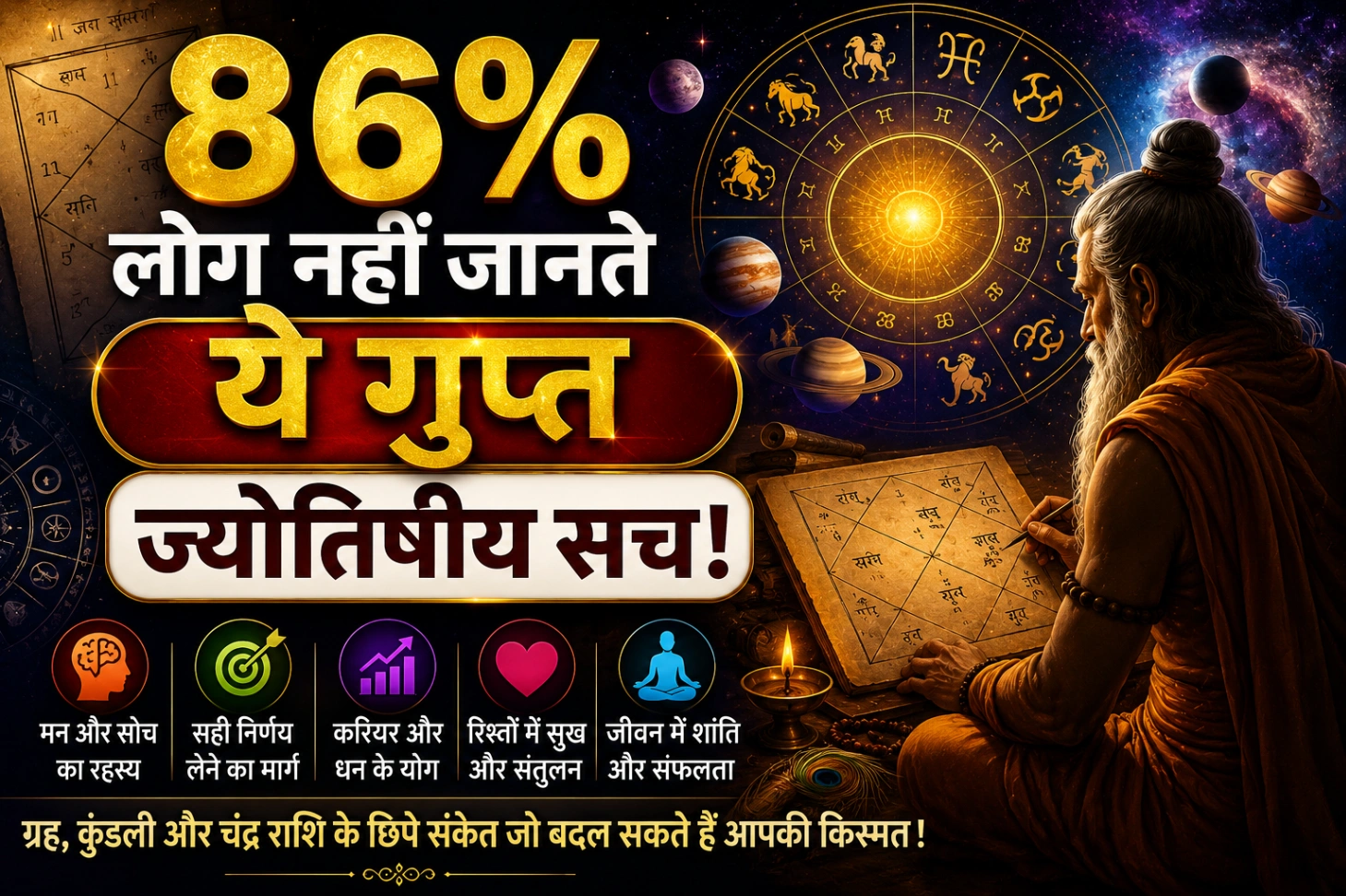 गुप्त ज्योतिषीय सच featured image showing glowing zodiac wheel, planets, cosmic astrology background, mysterious spiritual energy and hidden astrology secrets theme