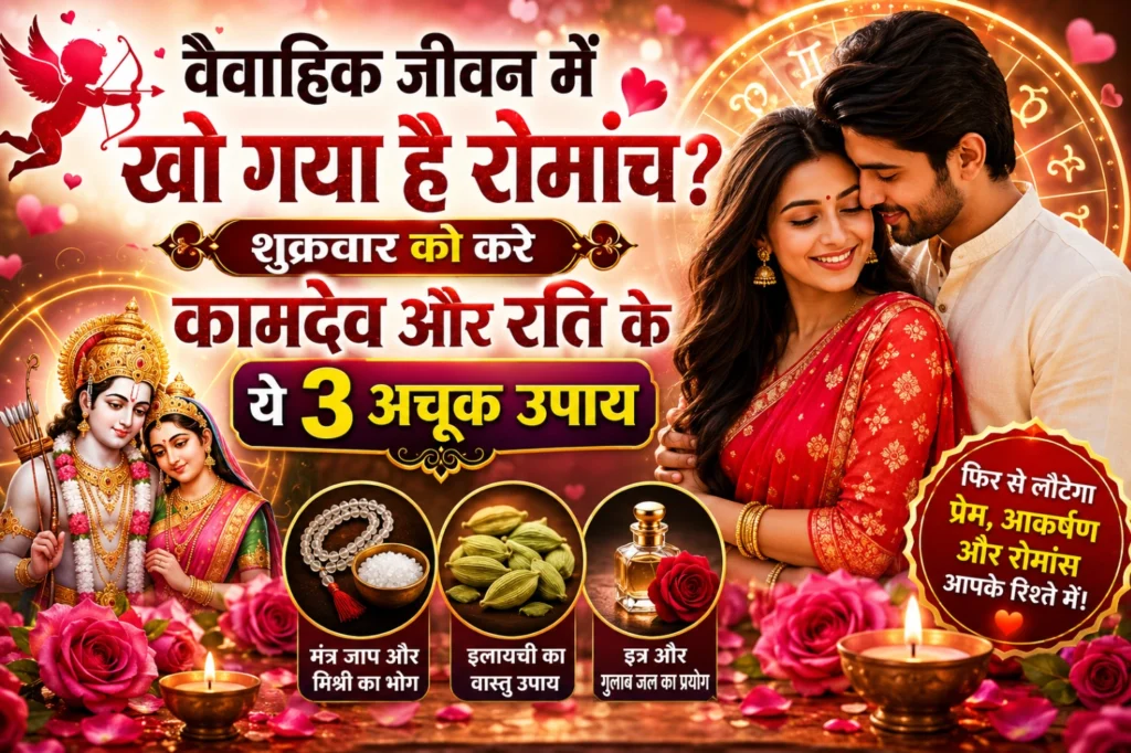 वैवाहिक जीवन में खो गया है रोमांच वैवाहिक जीवन में रोमांस बढ़ाने के ज्योतिष उपाय featured image showing कामदेव और रति, romantic couple, शुक्र ग्रह, astrology symbols and शुक्रवार उपाय theme