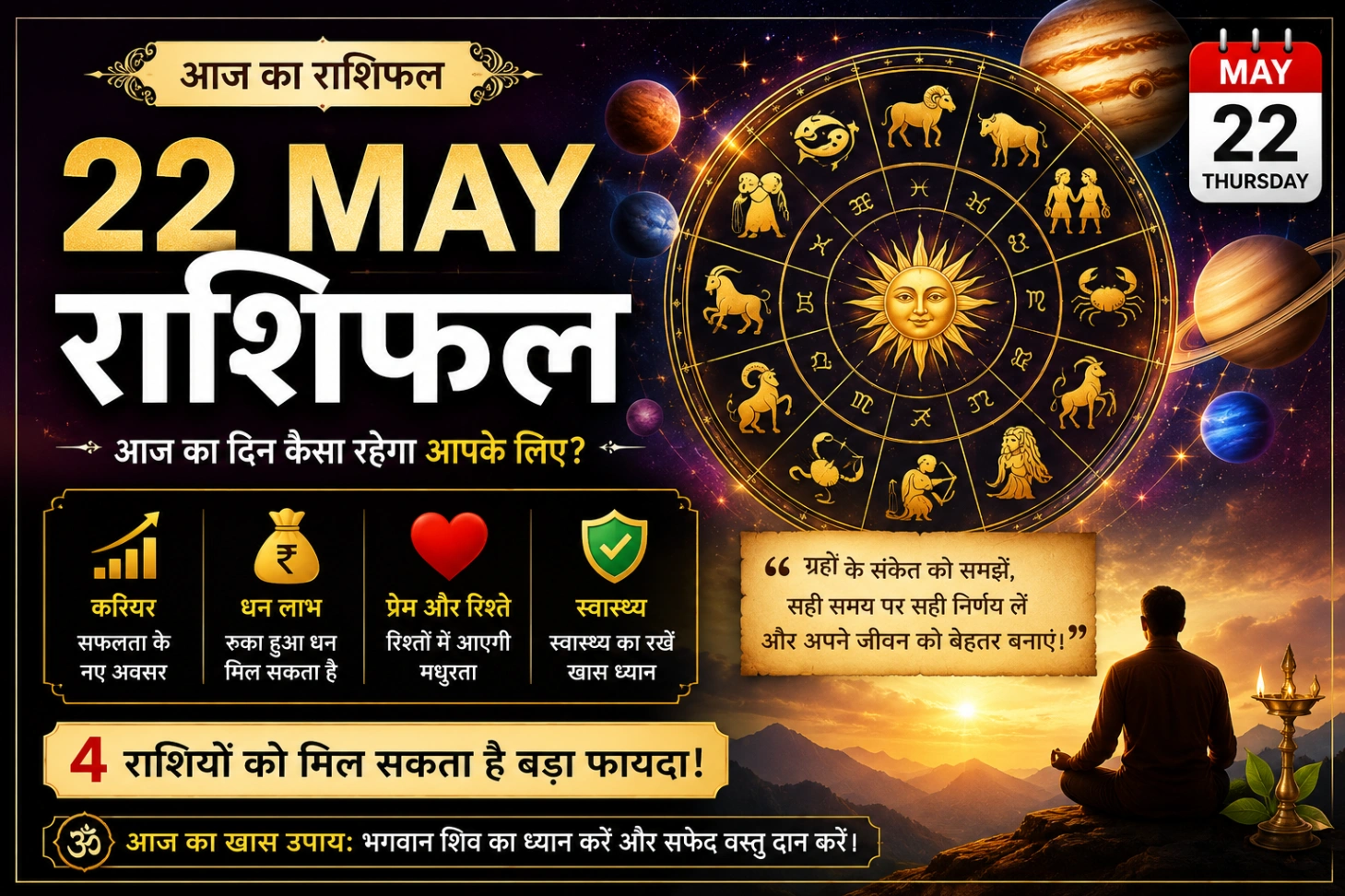 22 May Rashifal featured image with glowing zodiac wheel, planets, cosmic astrology background, sunrise meditation scene and lucky zodiac signs prediction theme