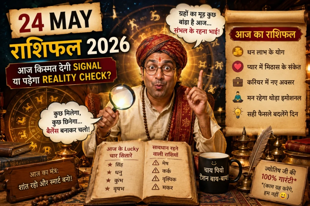 24 May Rashifal 2026 featured image with funny astrologer style, lucky signal and reality check astrology theme