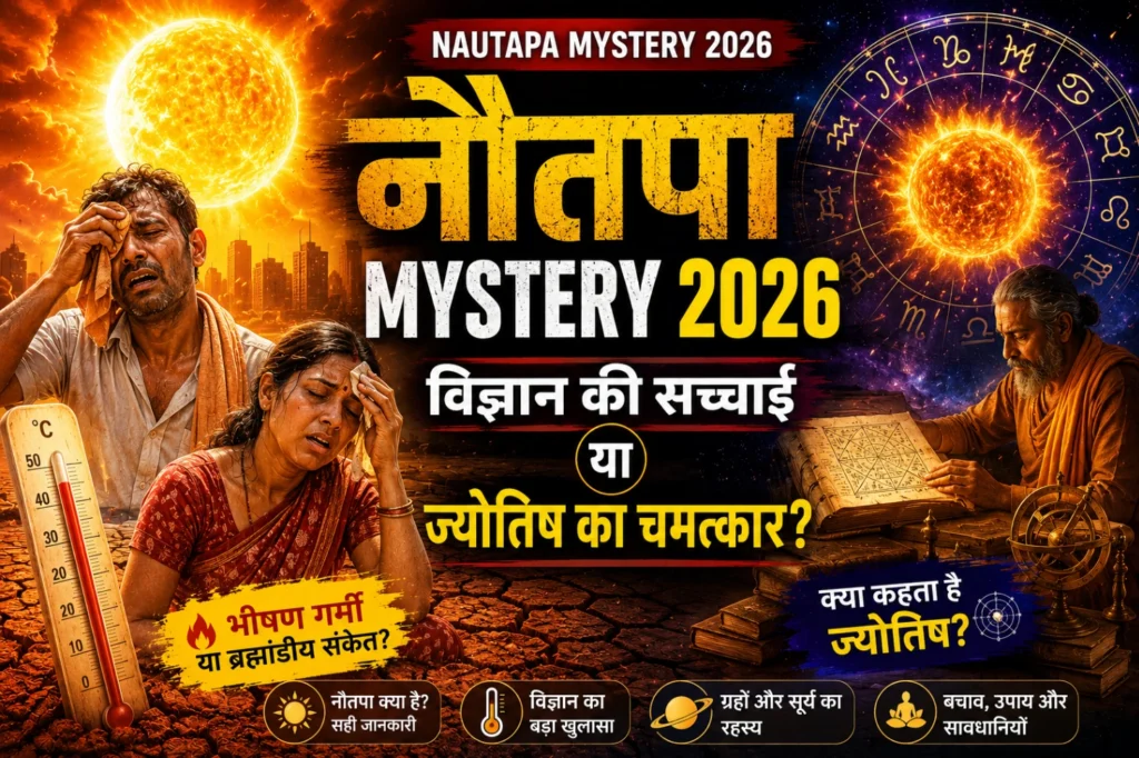 Nautapa Mystery 2026 thumbnail showing man and woman suffering from extreme heat with astrology and science theme