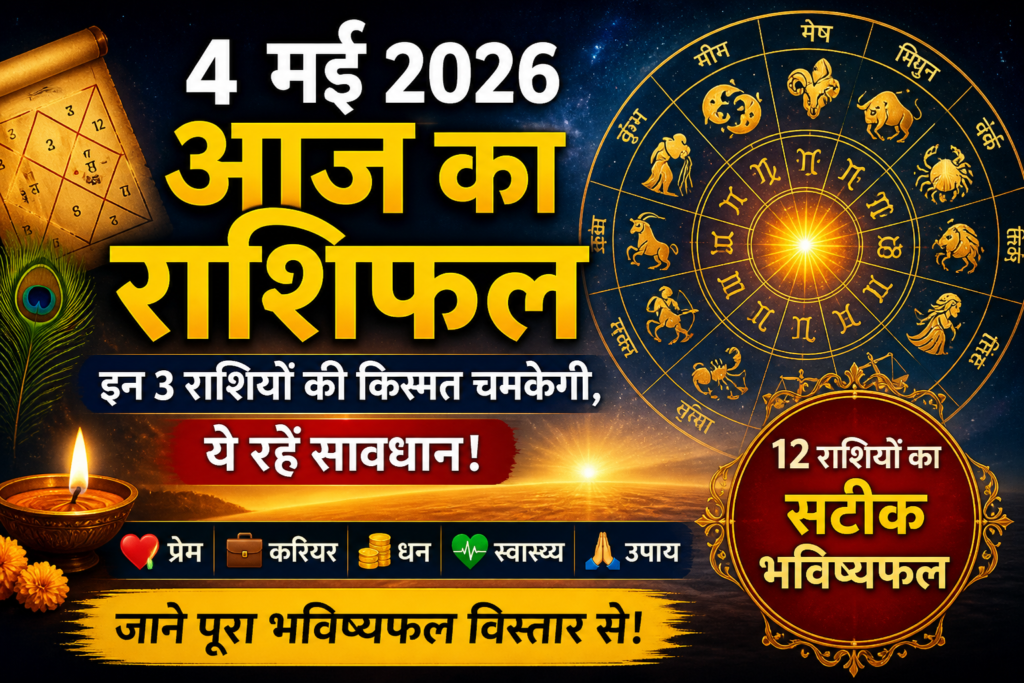 4 मई 2026 राशिफल थंबनेल, राशि चक्र, ज्योतिष भविष्यवाणी, इन 3 राशियों की किस्मत चमकेगी और चेतावनी संकेत इमेज
