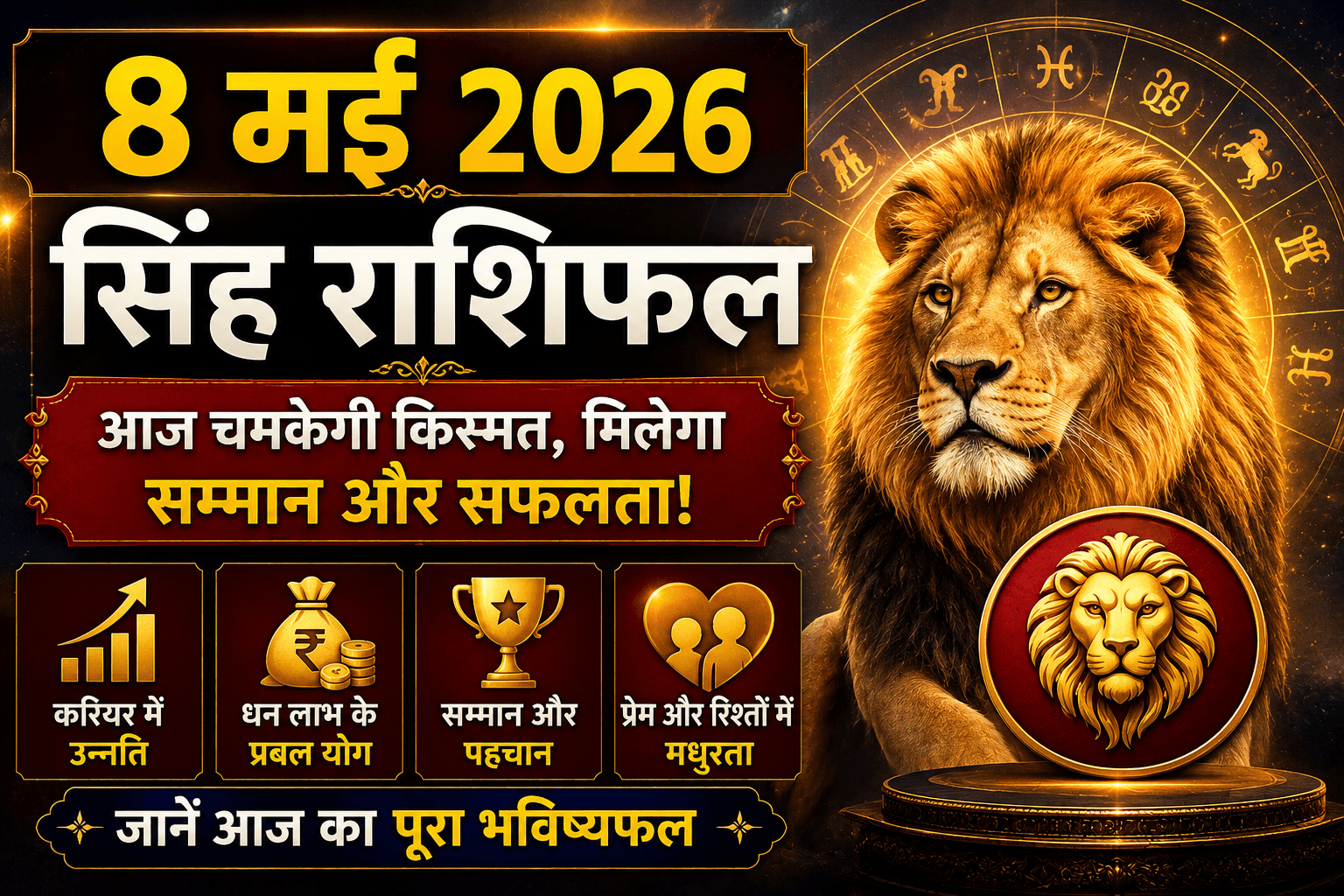 🦁 8 मई 2026 सिंह राशिफल: आज मिलेगा बड़ा सम्मान और धन लाभ!
