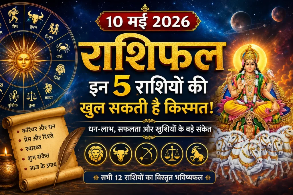 **Alt Text:** 10 मई 2026 राशिफल फीचर्ड इमेज जिसमें 5 भाग्यशाली राशियों के धन लाभ और सफलता के संकेत दिखाए गए हैं