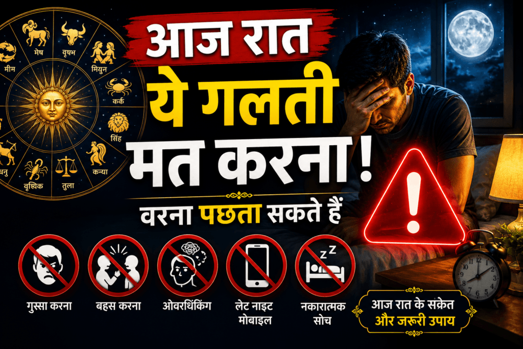 आज रात ये गलती मत करना astrology featured image with warning signs, zodiac symbols and night danger theme