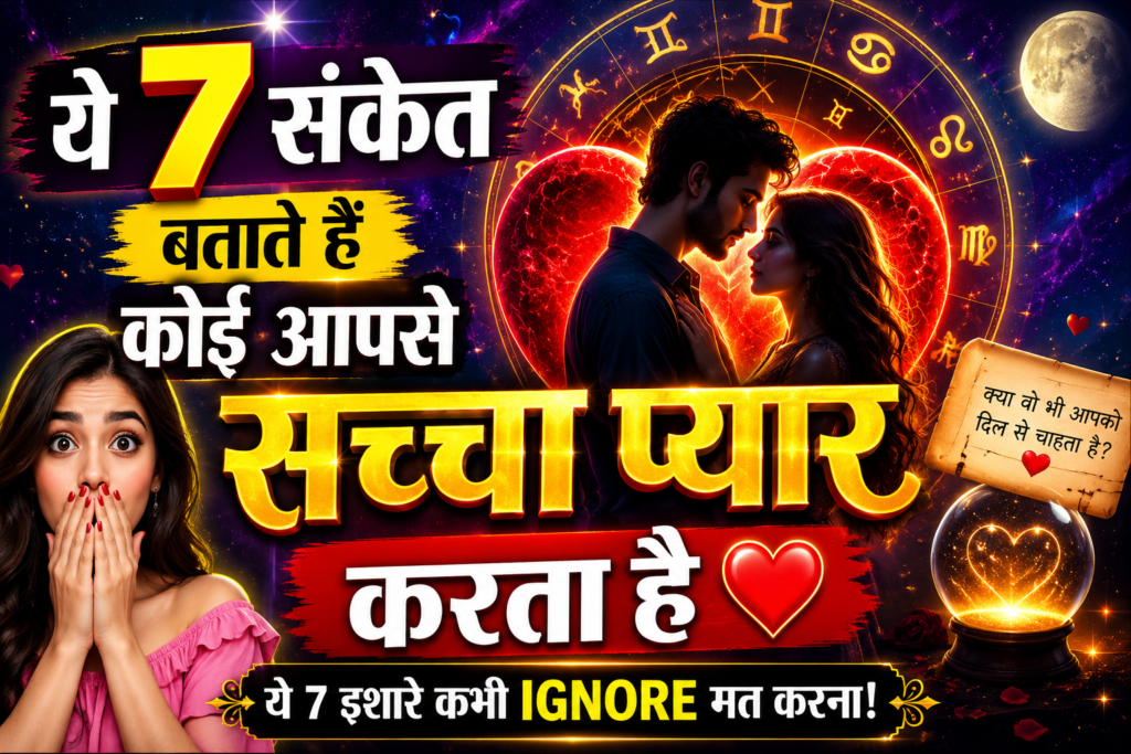 सच्चा प्यार के 7 संकेत दिखाता हुआ रोमांटिक कपल, लाल दिल और ज्योतिष बैकग्राउंड वाला हिंदी लव थंबनेल