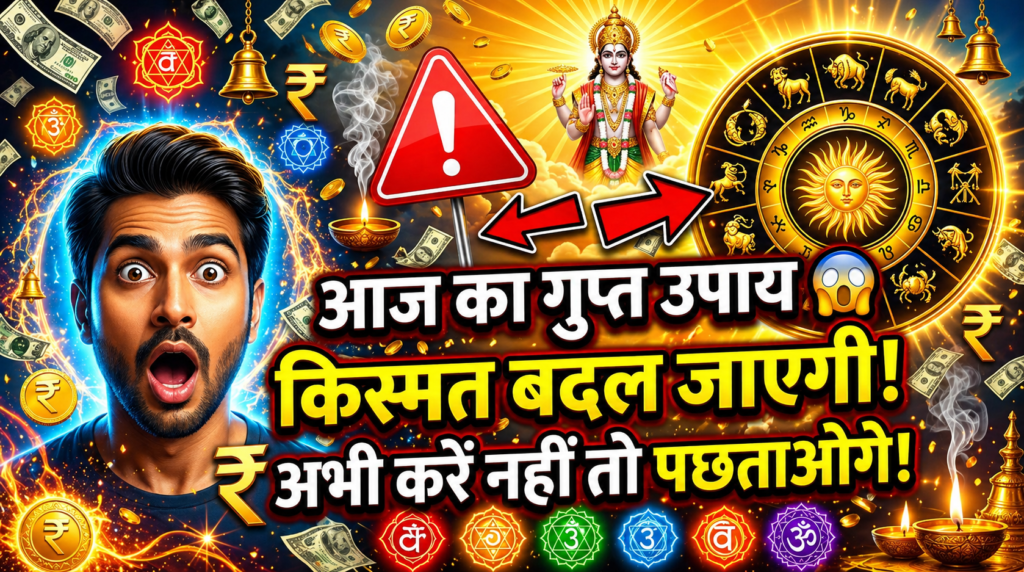 आज का गुप्त उपाय थंबनेल सूर्य देव, राशि चक्र और पैसे बरसते हुए, किस्मत बदलने का संकेत
