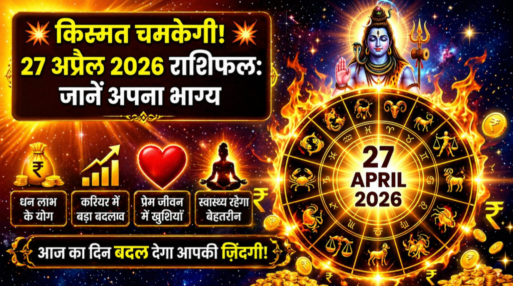 27 अप्रैल 2026 राशिफल थंबनेल भगवान शिव, राशि चक्र और धन लाभ संकेत के साथ